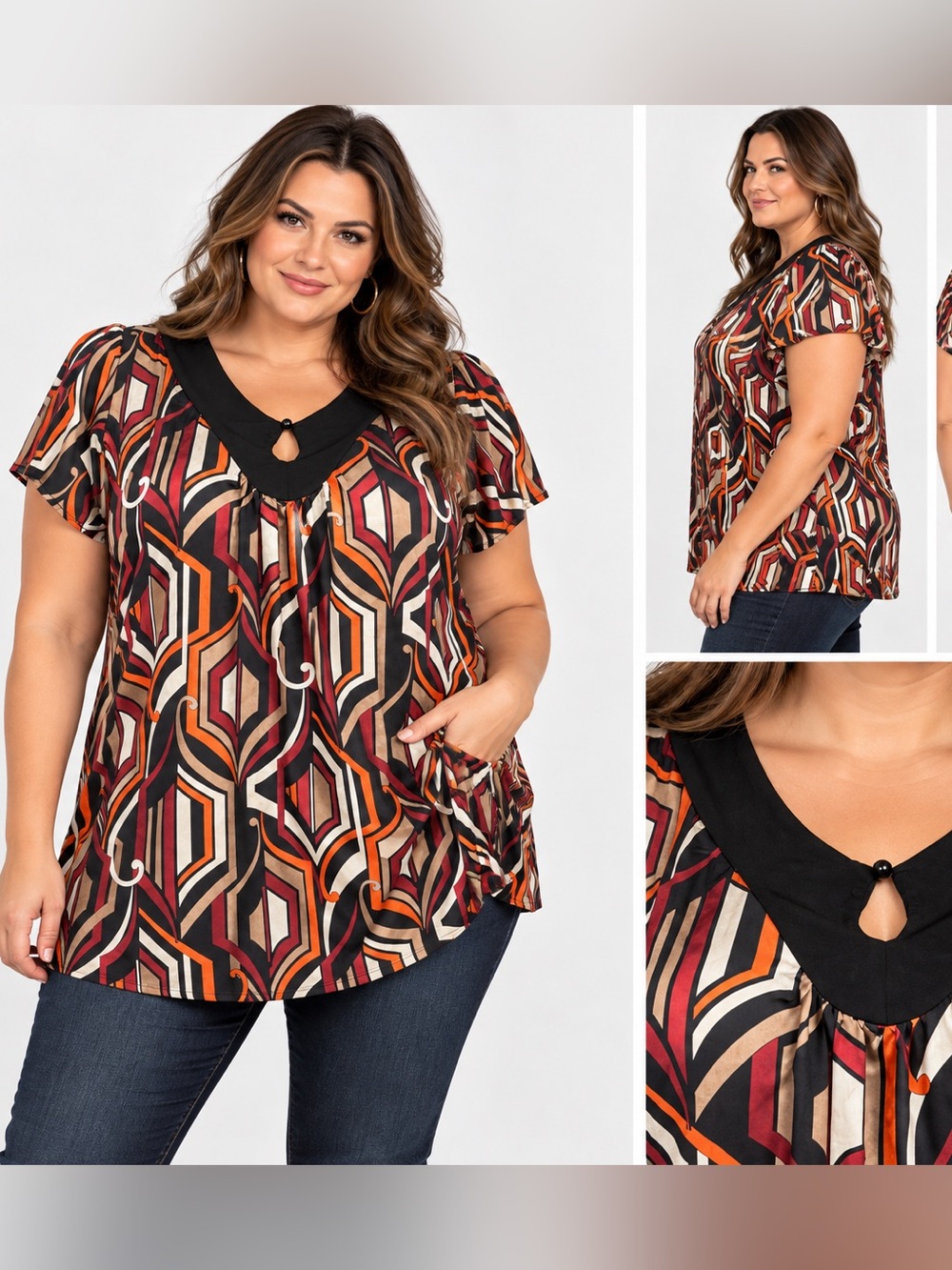 Lane Bryant 18/20 Geometric Print Keyhole Neck Tunic Blouse